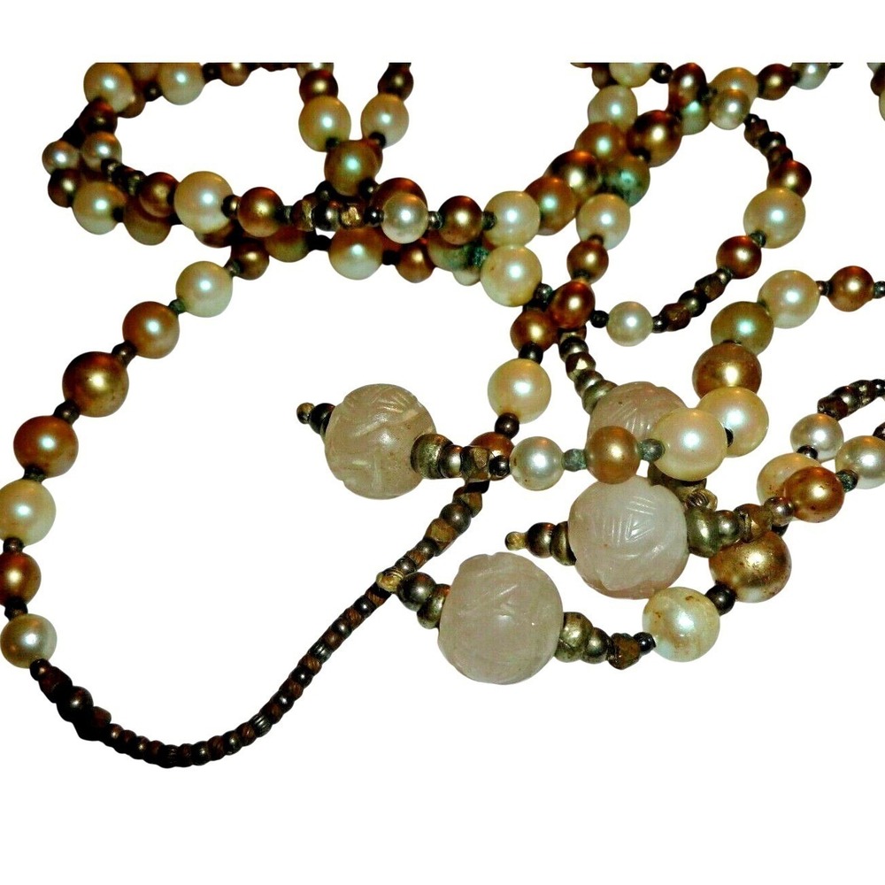 Faux‎ Pearl Lariat Tassel Necklace Carved Glass Beads Earth Tones Jewelry